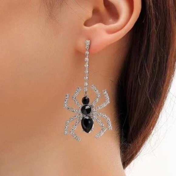 Jewelry - Rhinestone Black Spider Dangle Earrings